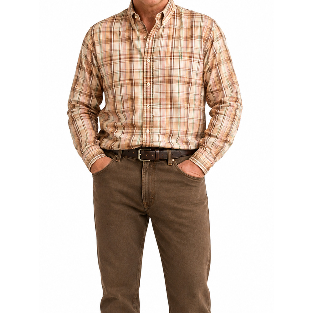 Ralph Lauren Shirt Mens XXL Tan Green Plaid Long Sleeve Button Down Collar Cotto